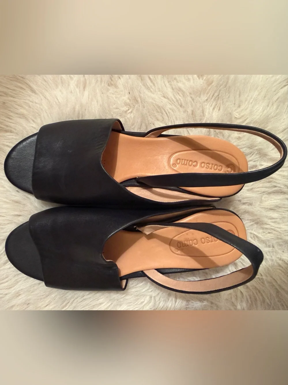 NWOT Cordova Como Leather Mirrored Wedge Sling Backs Black Sz 7.5